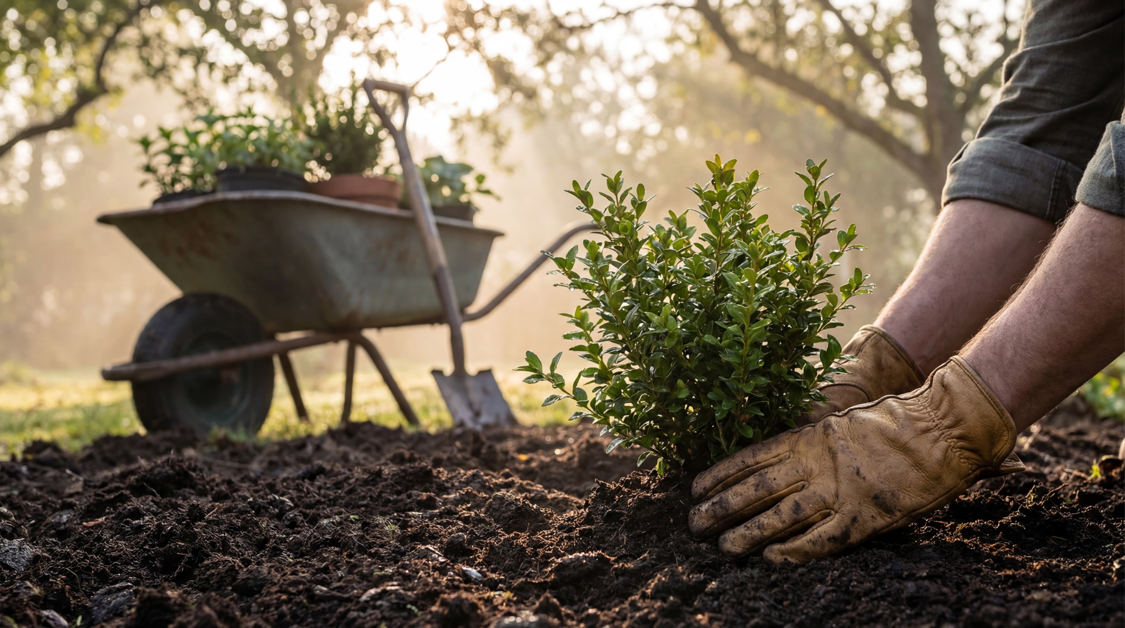 Mains gantées plantant un arbuste dans un jardin résidentiel en aménagement paysager