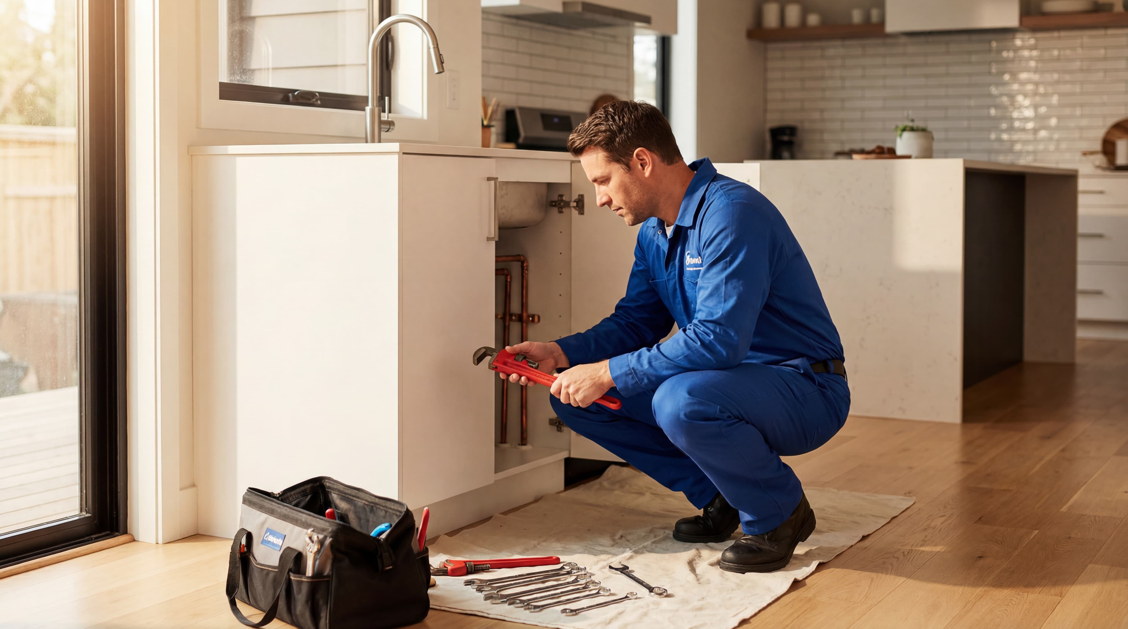 Plombier professionnel intervenant sous un évier de cuisine moderne, éclairage naturel